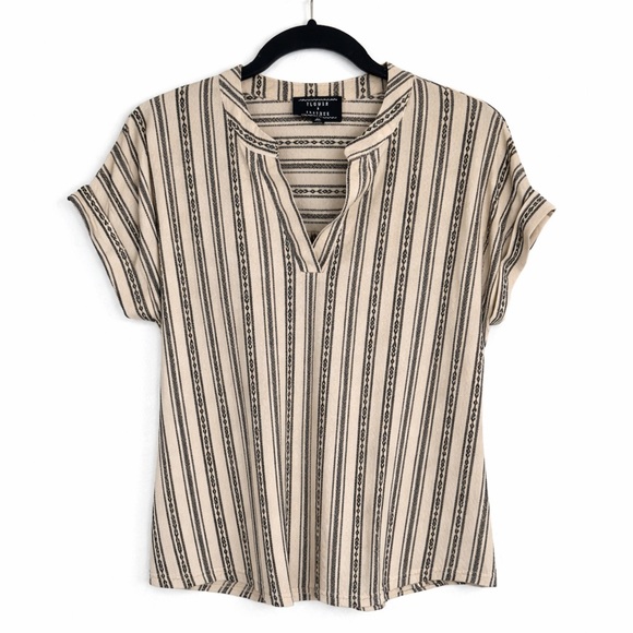 Flower And Feather Tops - Southwestern Inspired Beige and Black Striped Short Sleeve Top